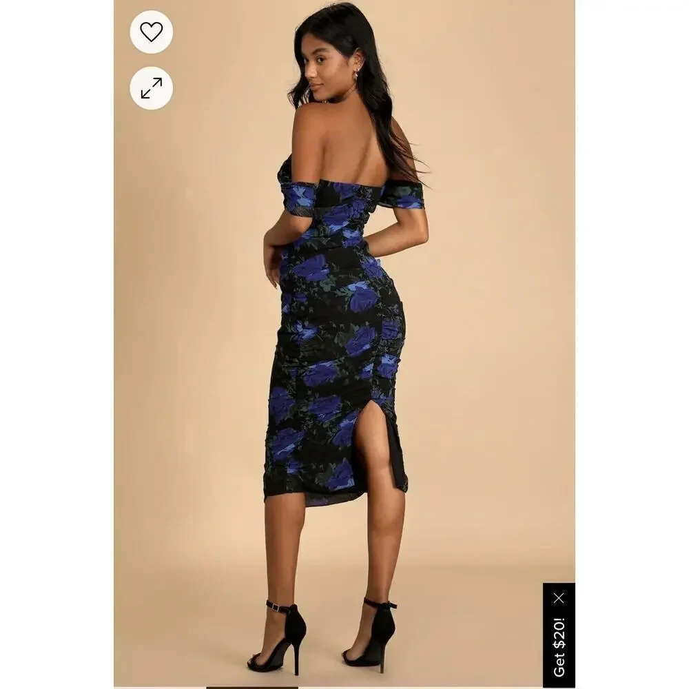 Lulu’s Blithesome Dark Blue Black Floral Ruched Midi Dress Cocktail Womens Small